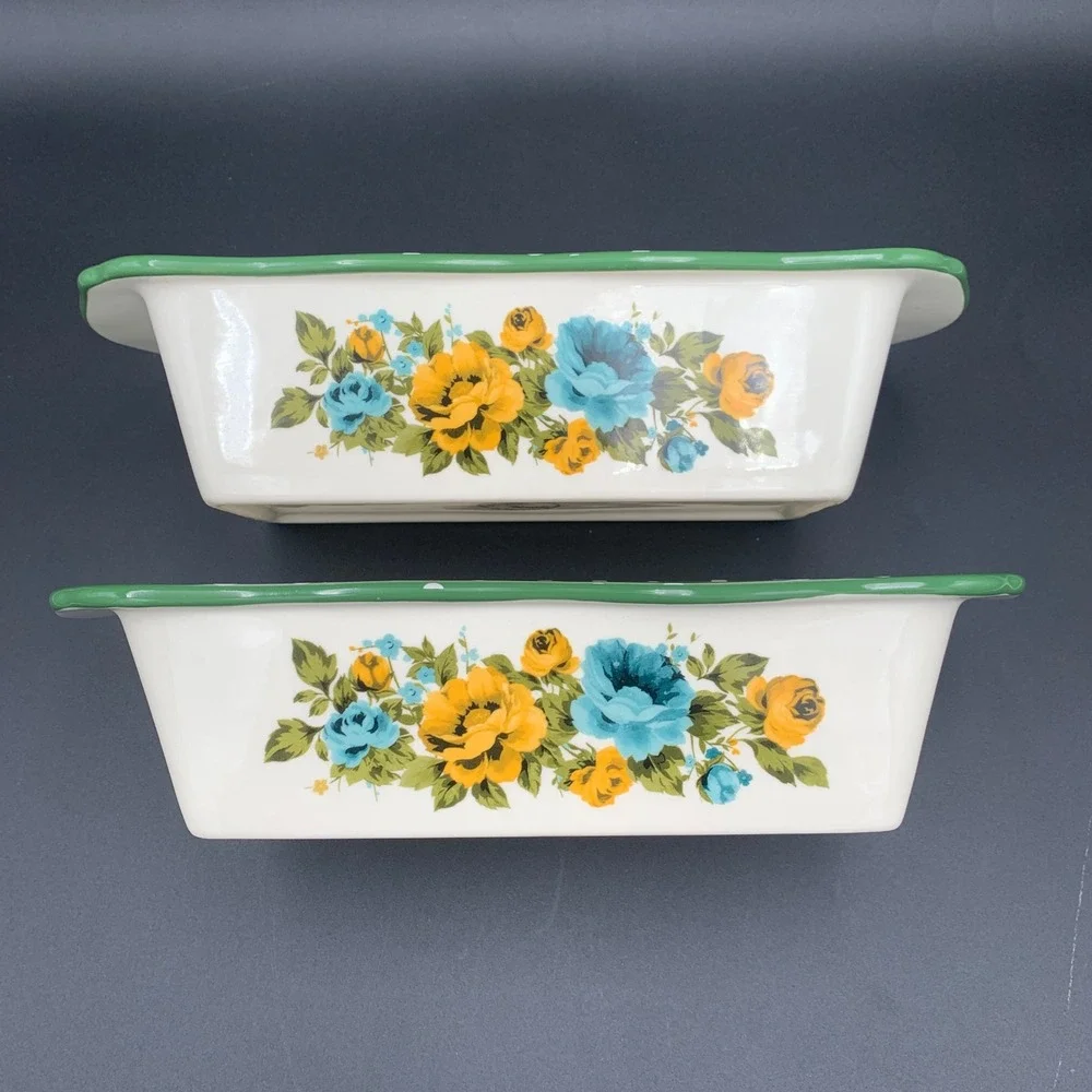 Pioneer Woman Rose Shadow Loaf Pan Set of 2 Stoneware Green Polka Dot Floral
